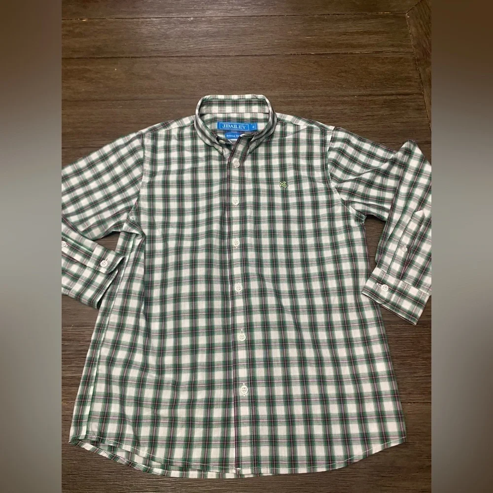 J.Bailey Roscoe plaid stripe long sleeve button down boy shirt green white plaid